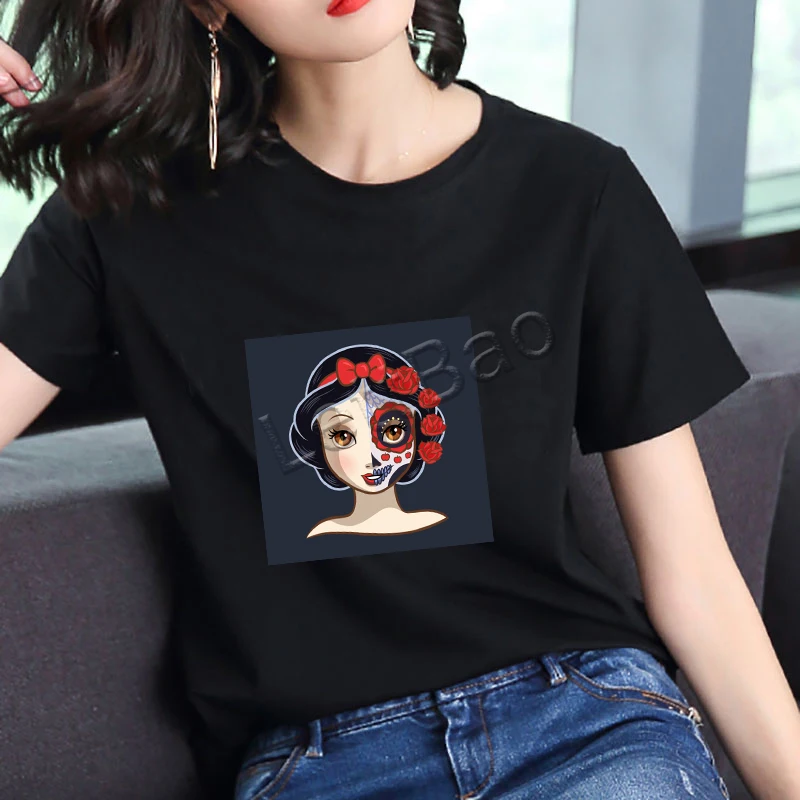 Белоснежка рубашка уличная цветок череп Леди Черная футболка хлопок o образным