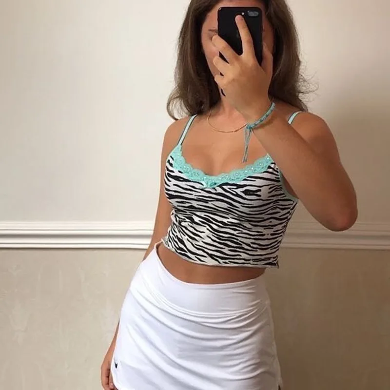 

Summer Zebra Print Cami Tank Tops For Women Streetwear Spaghetti Strap Lace Trim Tops Vintage V-neck Backless Camisole Mini Vest