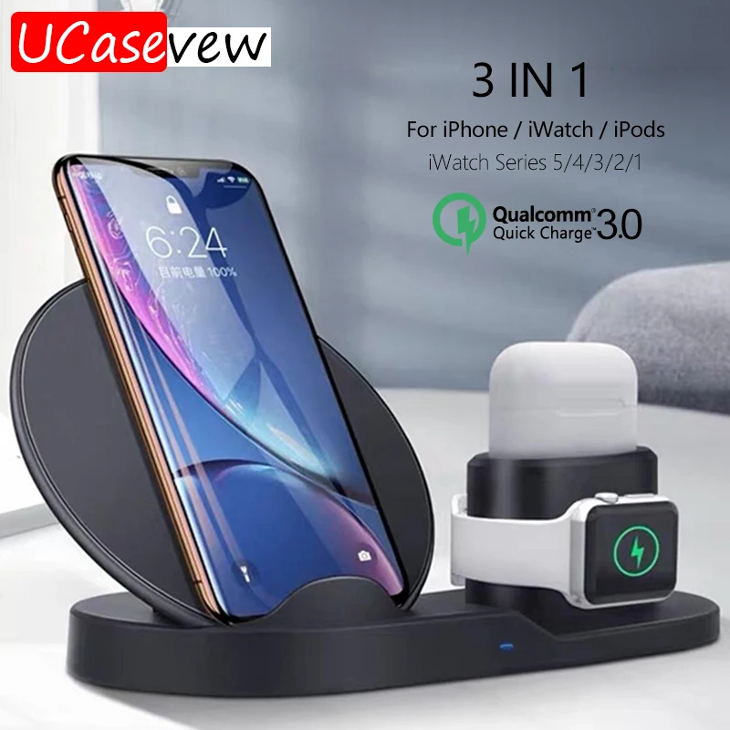 

3in1 Qi Wireless Charger Stand for Apple Watch 5 4 3 2 Airpods Pro iPhone 11 Xs Max 10W Wireless Quick Charge 3.0 for Samsung S9