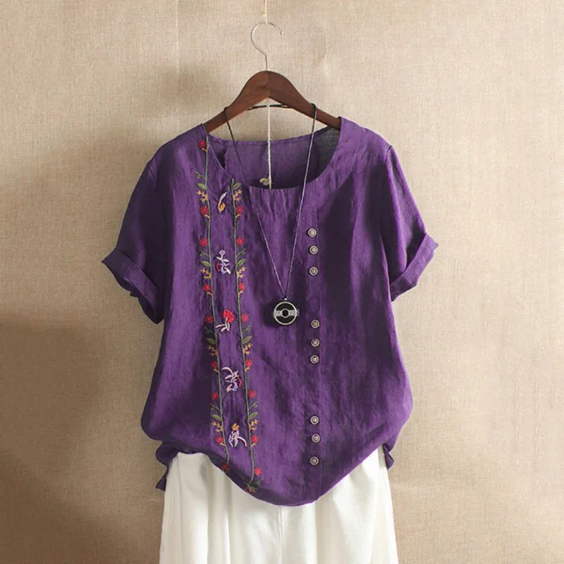 Винтажная Свободная Повседневная блузка из хлопка и льна с вышивкой |