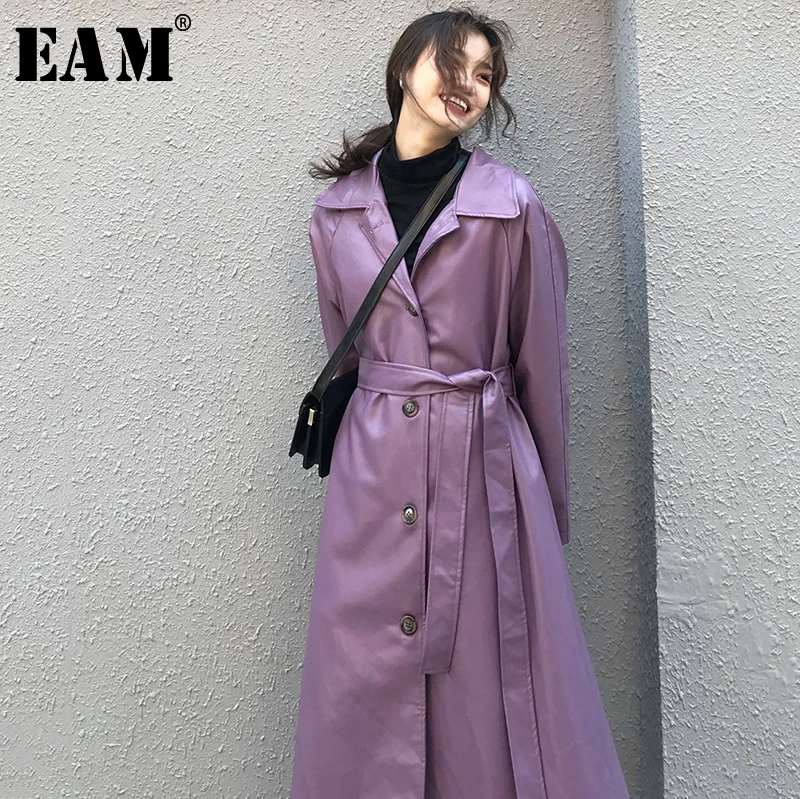 [EAM] женский длинный Тренч из искусственной кожи фиолетового цвета большого
