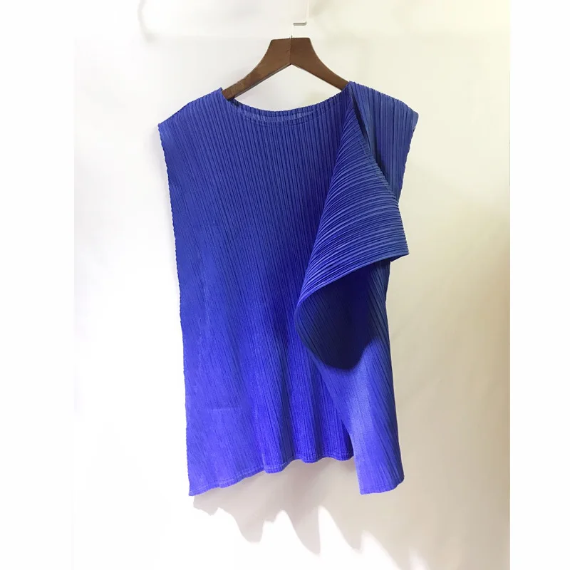 Miyake складные штаны костюм футболка широкие штанишки сплошной цвет плиссированный набор женский свободный размер Solo распродажа летний специальный дизайн - Цвет: blue tops