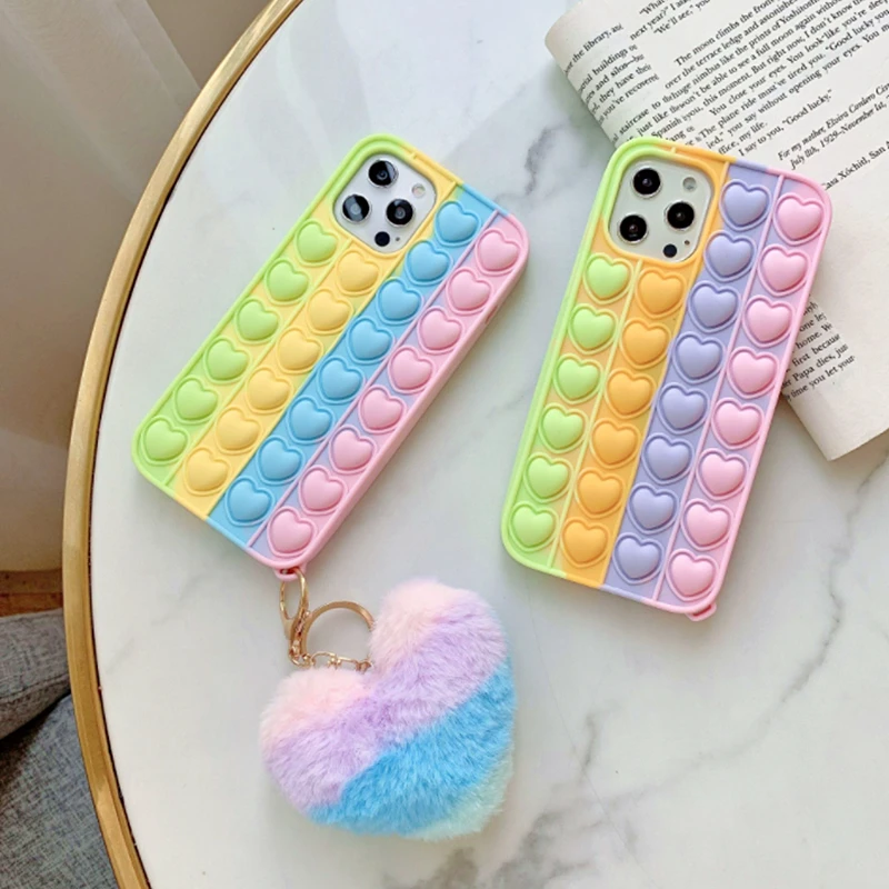 

Love Heart Relive Stress Fidget Toys Push It Bubble Case For iphone 12 Case 11 XS MAX XR X 7 8 Plus 3D Rainbow Colors Soft Cover