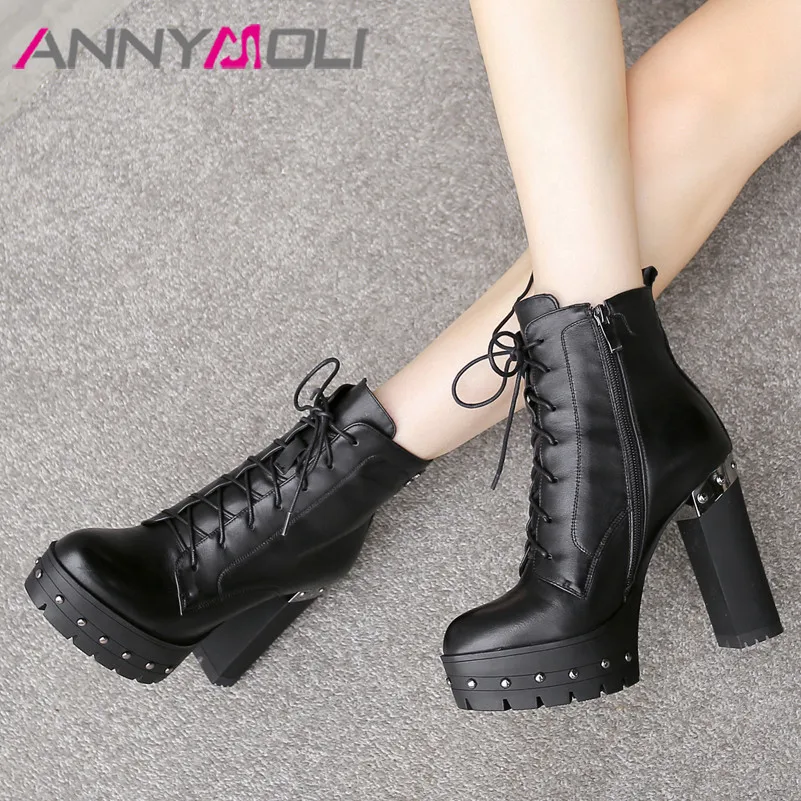 

Женские ботильоны на молнии ANNYMOLI, осенне-зимние полусапожки из натуральной кожи на квадратном каблуке, с заклепками