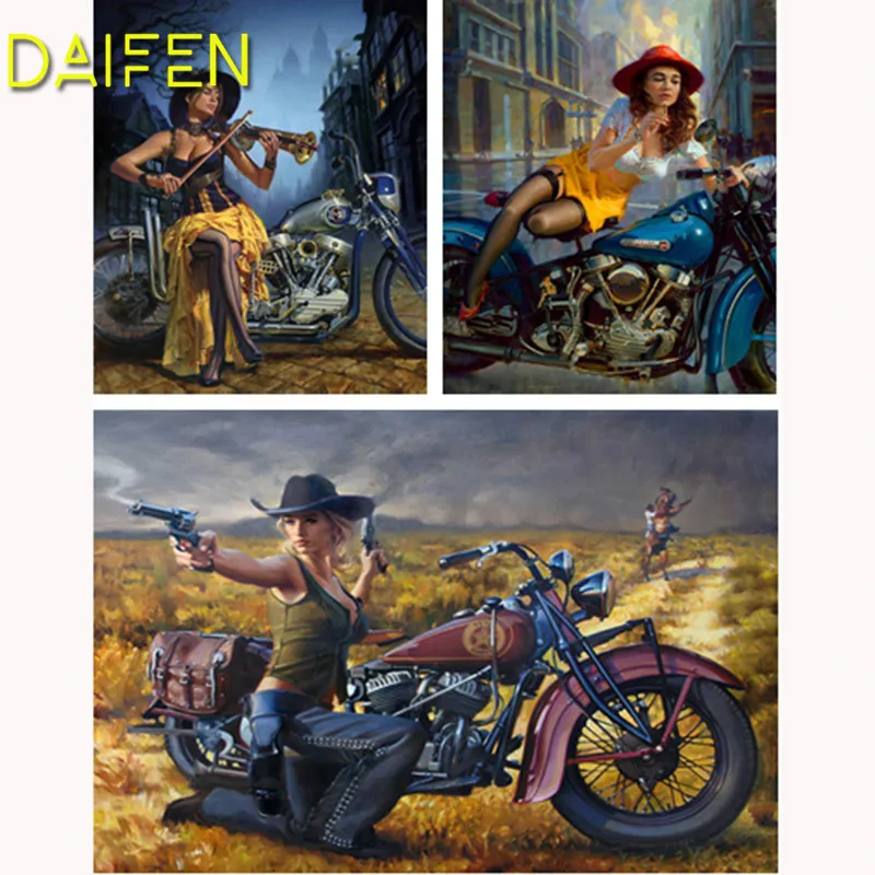 Полная круглая Алмазная вышивка полная квадратная мозаика мотоцикл девушка