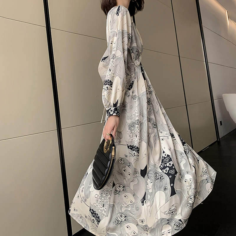 

SHENGPALAE elegant printed derss women's summer 2021 new V-neck loose lace up waist long sleeve mid-calf dresses female 5C920