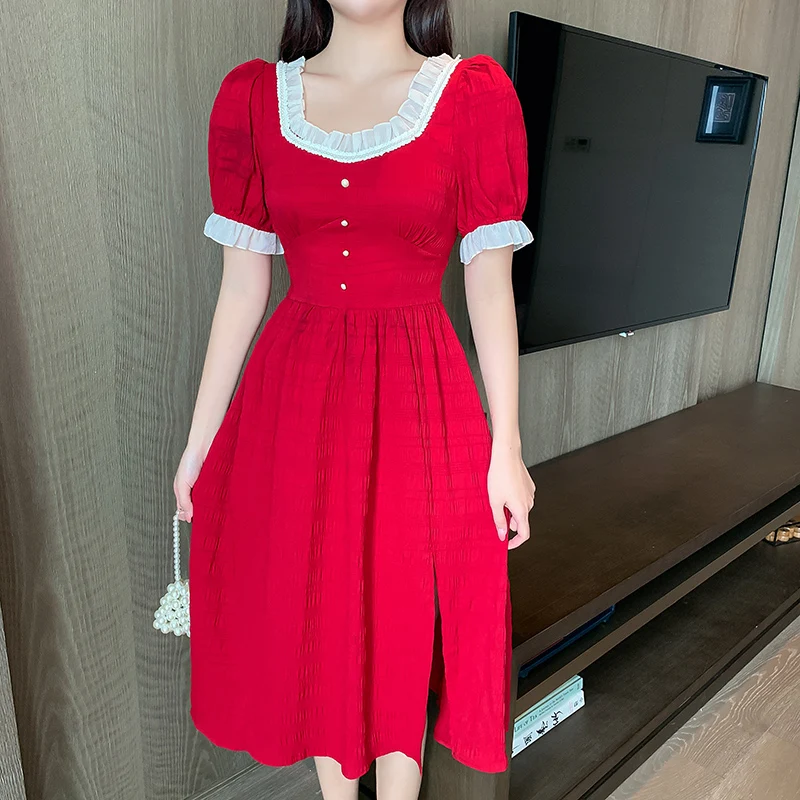 

2020 New Red Puff Sleeve Dress Women French Palace Retro Dress Girlfriends Dress Waist Is Temperament V-Neck Mid-Length Dress