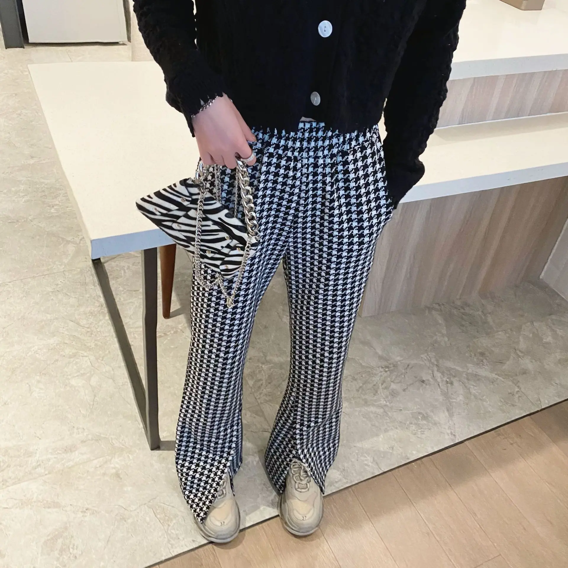 

TVVOVVIN Stylish High Waist Loose Straight Trousers Spring New Houndstooth Print Split Casual Pants For Women SL05