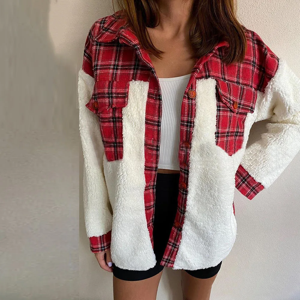 

Женская Осенняя короткая куртка, простое модное повседневное пальто в клетку с длинными рукавами и Флокированным принтом, топ с отворотом