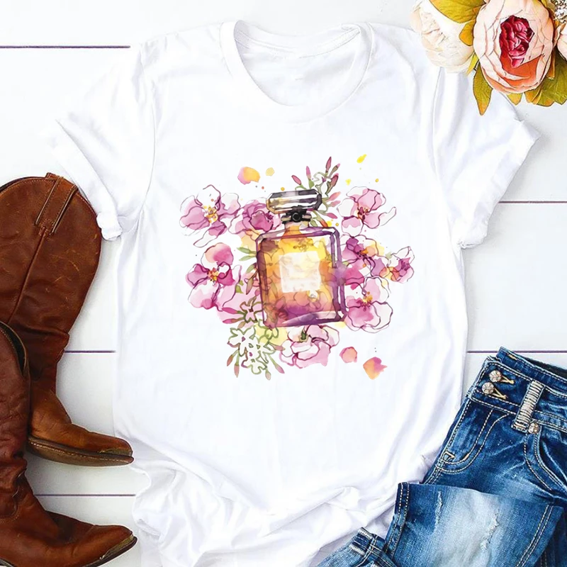 

Flower Perfume Bottle Sweet Short Sleeve Female Tops Tees Harajuku VintageT Shirts Graphic Fitness Women's T-shirt