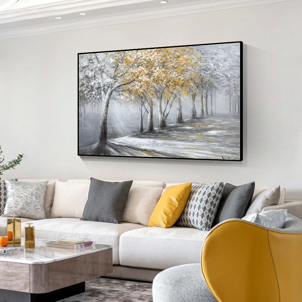 Плакат на холсте с золотыми листьями и серым деревом природный ландшафт