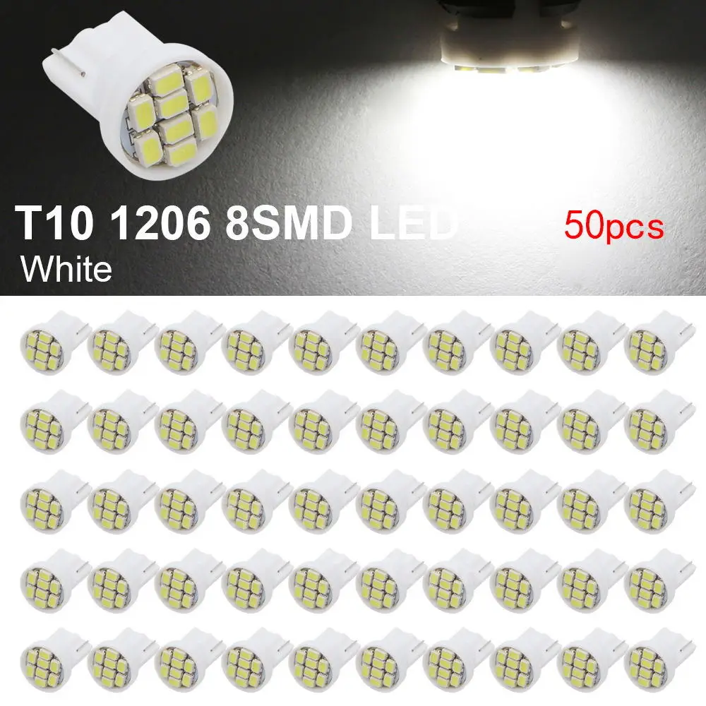 

50pcs White 8 SMD LED Car Side Wedge Interior Light Bulbs 1206 2825 194 W5W 168 194 1206 8SMD White Light