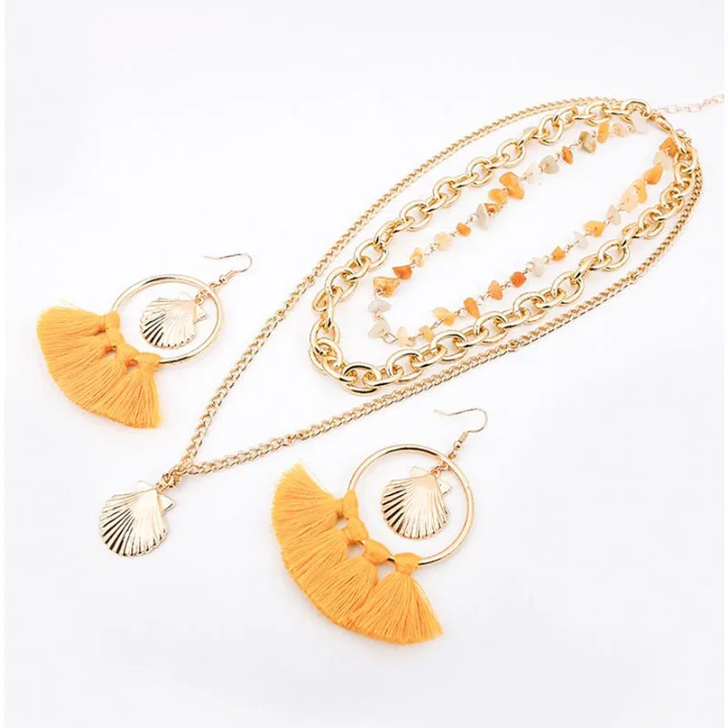 Модные женские серьги + ожерелье набор из хлопчатобумажной нити кисточки в виде