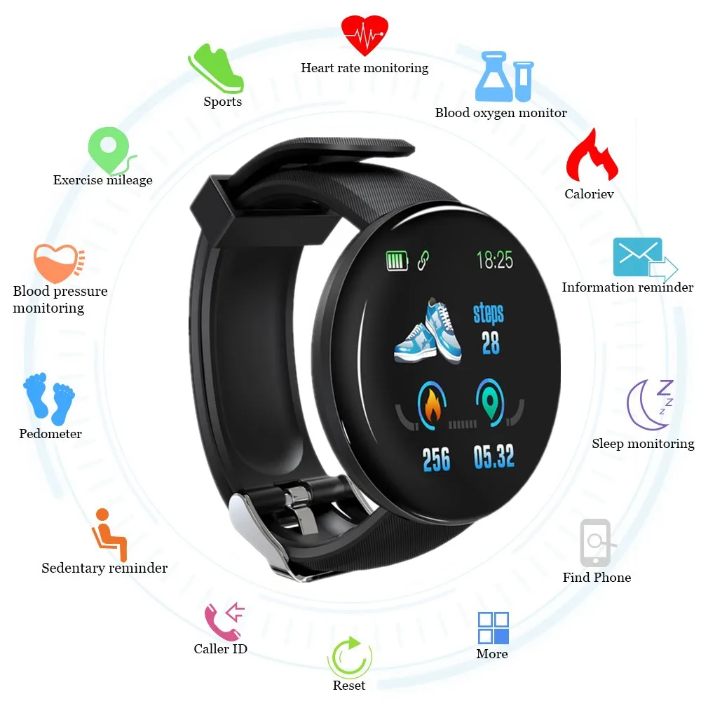 Смарт браслет D18 с цветным экраном пульсометром тонометром шагомером спортивный