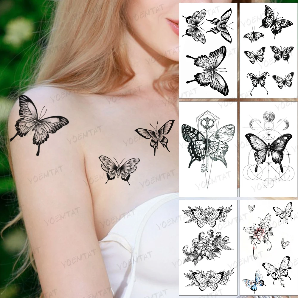 

Waterproof Temporary Tattoo Sticker Black Butterfly Wings 2021 New Style Tatoo Chest Neck Woman Man Child Art Fake Tattoos