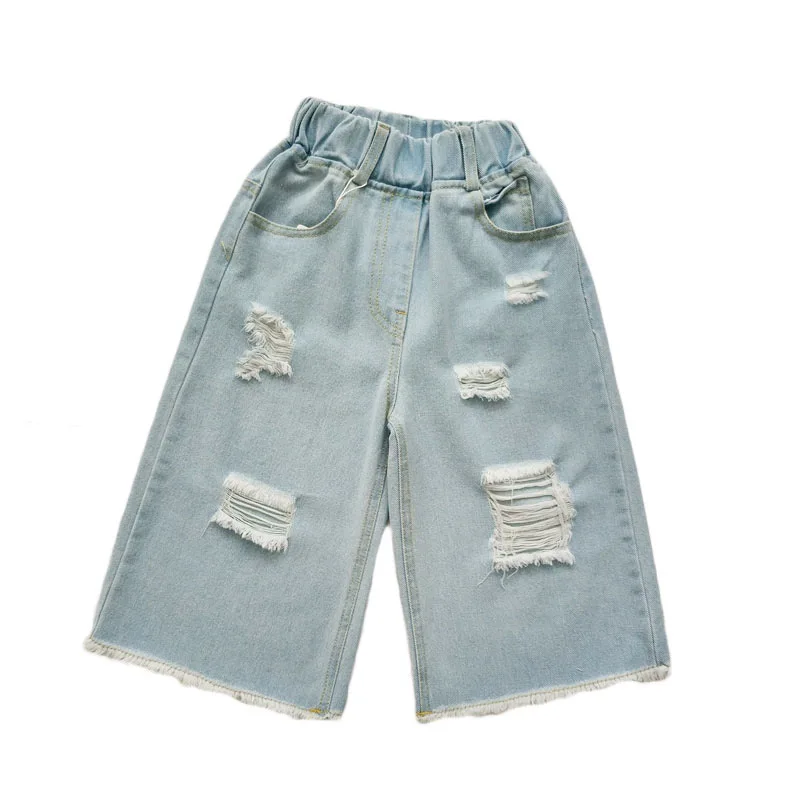 Рваные джинсы для девочек детские штаны с вырезами белые модные брюки широкими