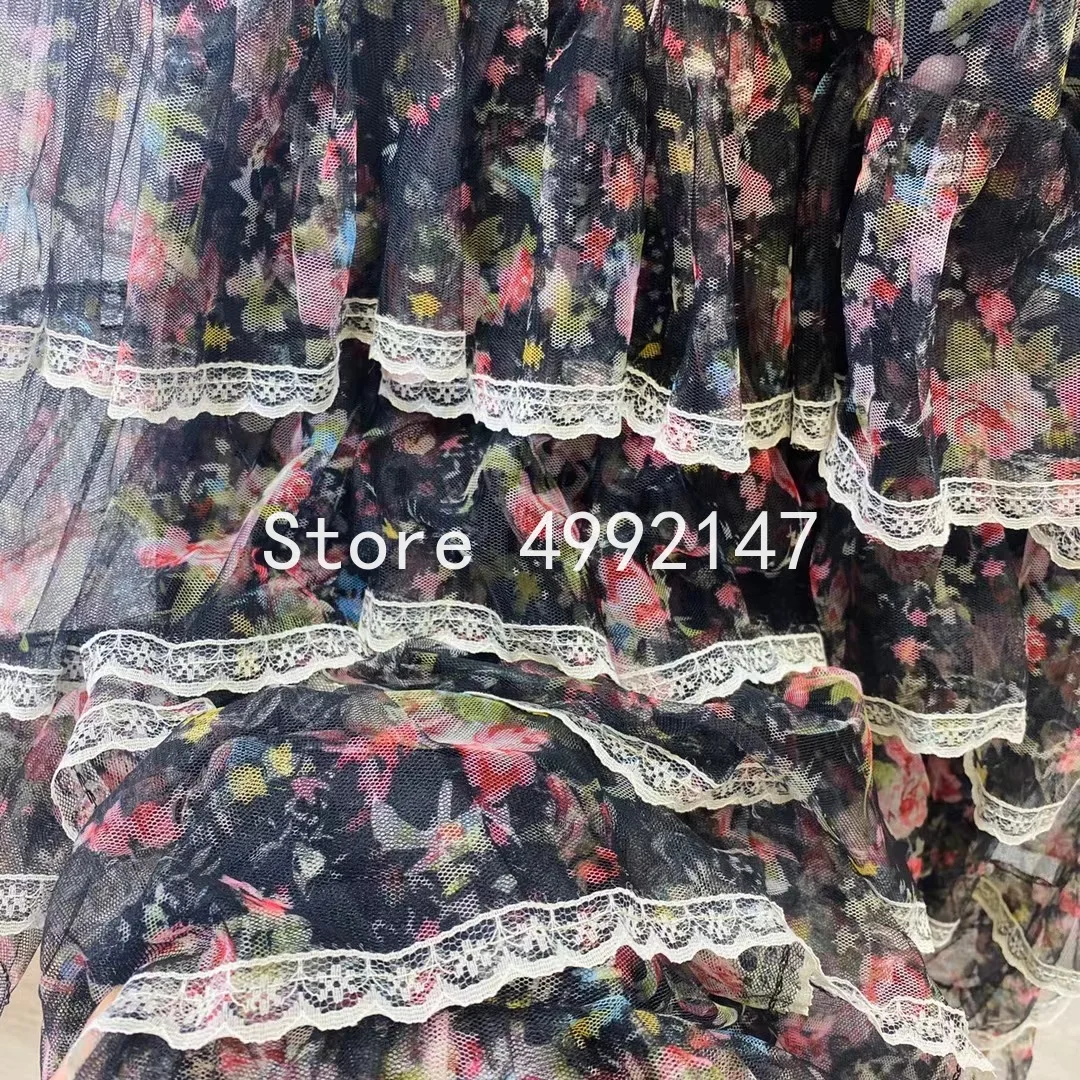 

women party evening elegant mesh cascading ruffles long cake dresses lace patchwork v-neck spaghetti strap printed dress y628