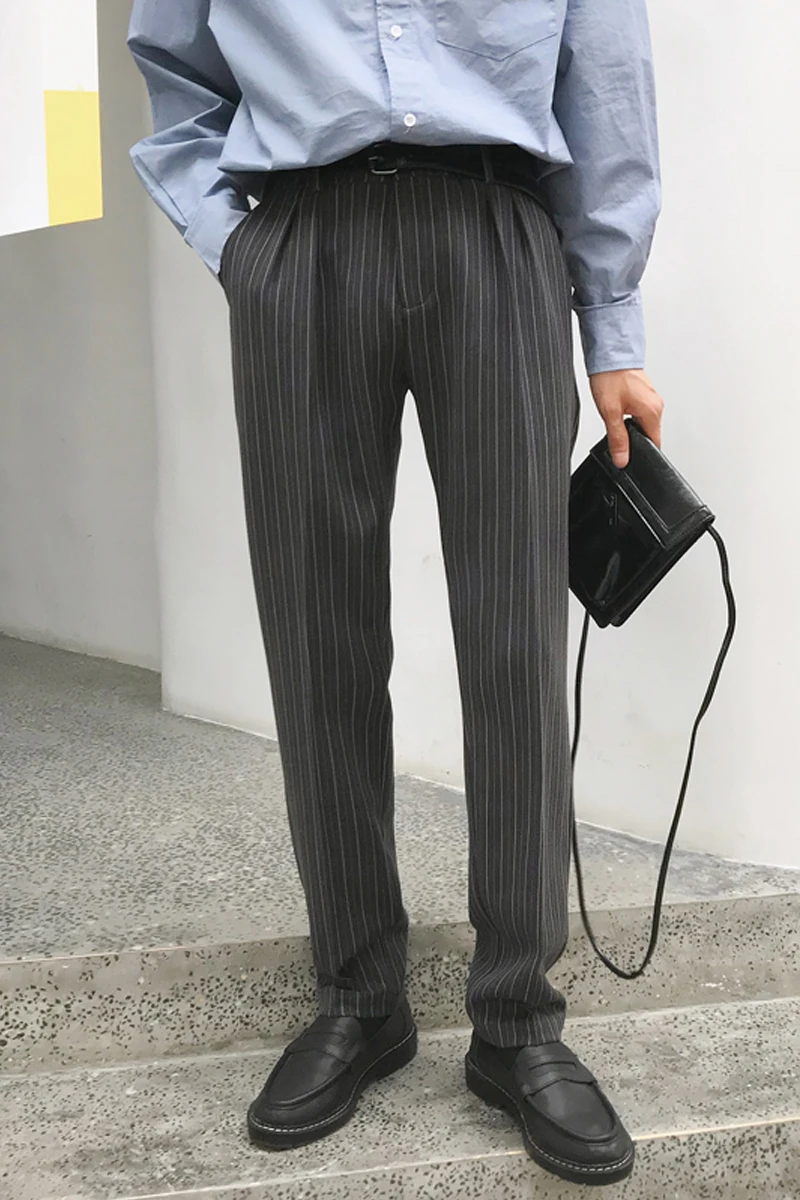 

2019 Autumn And Winter New Original Design Men's Striped Casual Loose Trousers Small Straight Wide Leg Pants Black / Khaki