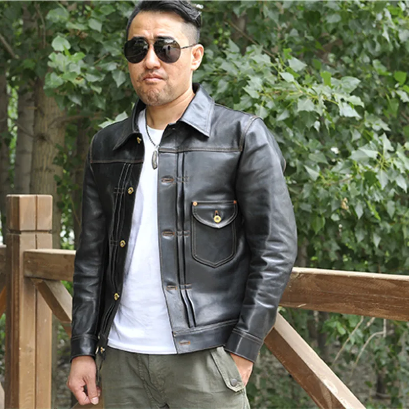 

2021 Black Japan Casual Style Genuine Leather Jacket Men Single Breasted Large Size 3XL Real Natural Horsehide Spring Short Coat