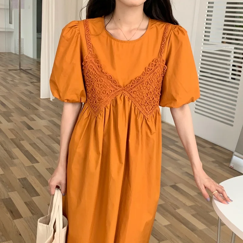 

2021 New Korean Fashion Summer Solid Vintage Dress Women Y2k Lace Vest Puff Sleeve A-Line Chic High Waist Kawaii Dresses 62629