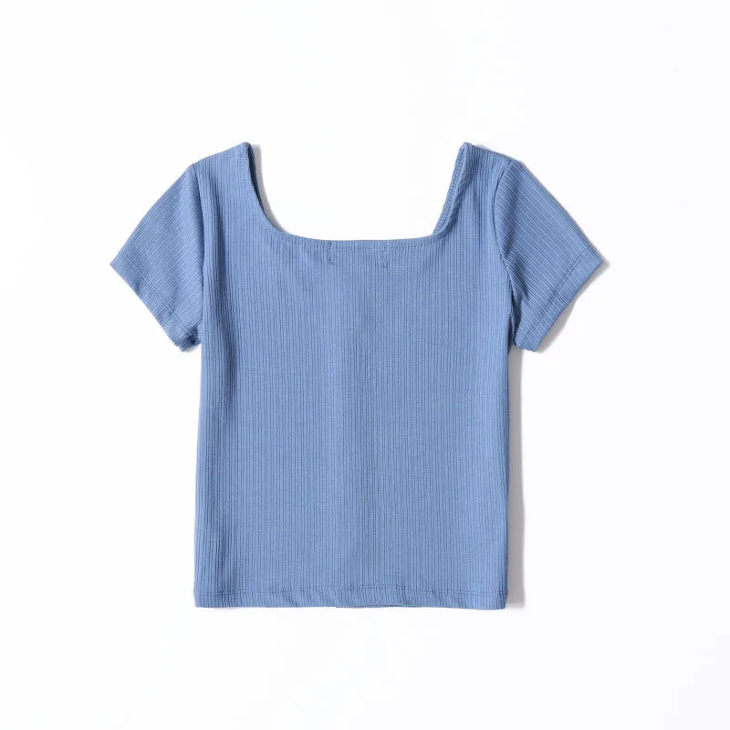 

Summer women's T-shirt casual solid color square collar short sleeve slim T-shirt