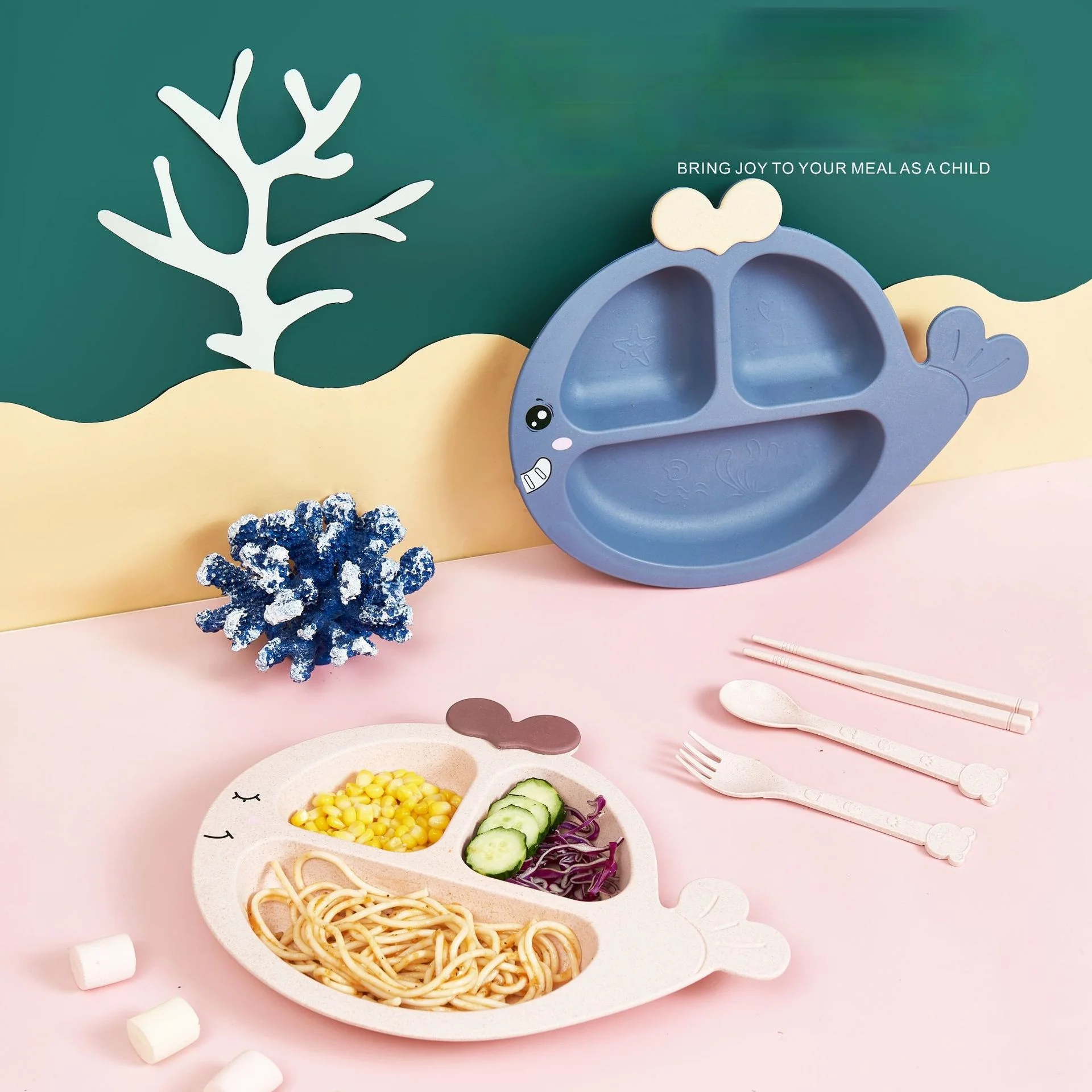 

Whale Children Meal Plate Cartoon Primary School Raw Eating Bowl Kindergarten Baby Bowl Chopsticks Drop Proof Tableware Set