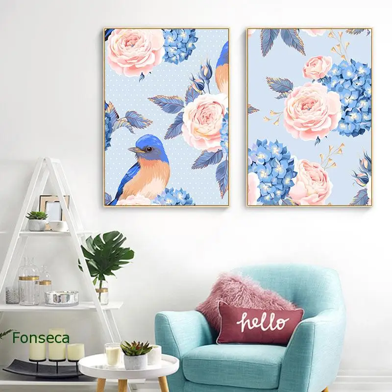 Картина на холсте с акварелью цветами птицами постер фиолетовыми и розовыми