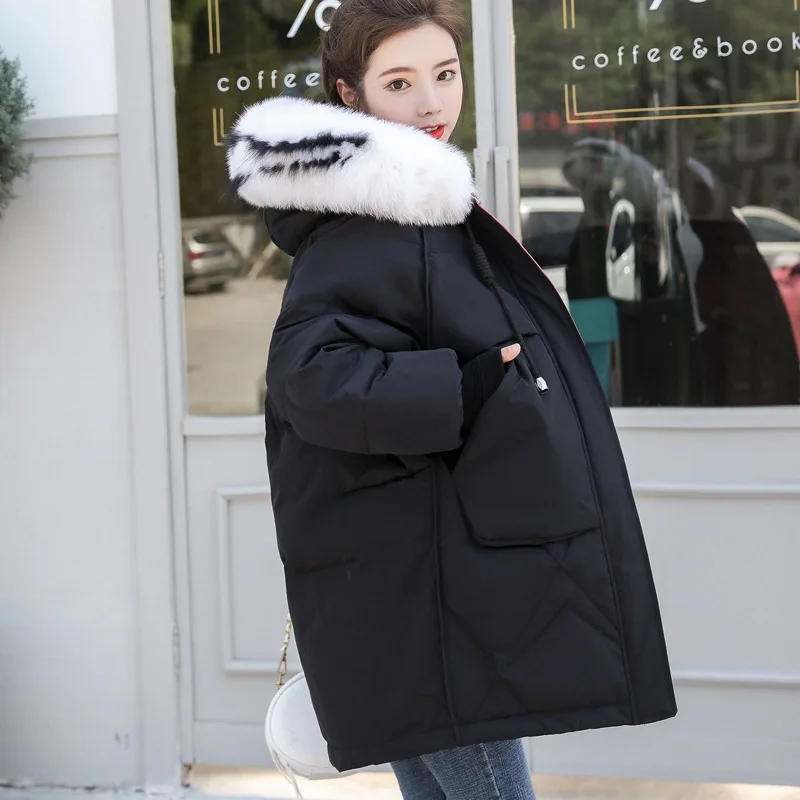 Женский пуховик с большим меховым воротником зимняя теплая длинная куртка на