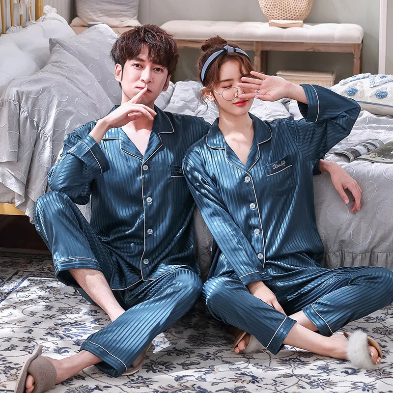 

New Satin Silk Pajamas Couple Long Sleeve Solid Homewear Men and Women Home Sleepwear Suit Cardigan Plus Size Pijama Pajama Set