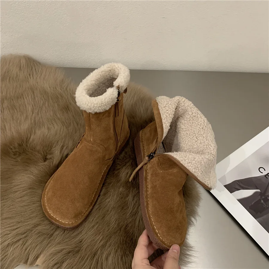 

Matte Leather Short Plush Fur Lined Women Mid-Calf Short Side Zipper Winter Flat Suede Snow Boots with Mink Warm Shoes