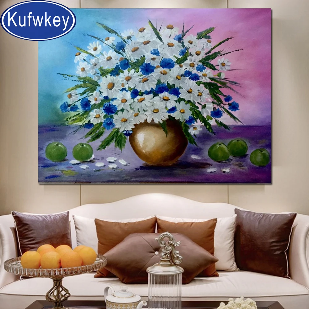 Алмазная вышивка сделай сам крестиком с белыми и синими маргаритками квадратная