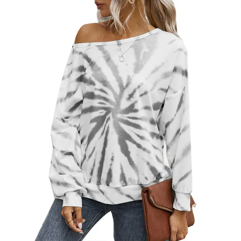 

Womens Long Sleeve One Shoulder Tie Dyed Casual Blouse T-Shirt Top Pullovers