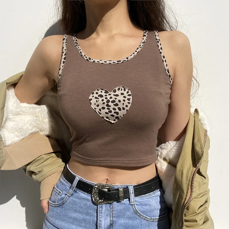 

2021 Women Heart Embroidery Sweet Tank Top Vintage Leopard Print Knitted Vest Slim Fit 90s Summer Crop Tops Brown Bodycon