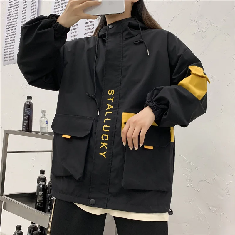 NoEnName_Null с большими карманами куртка капюшоном Для женщин однотонные свободные