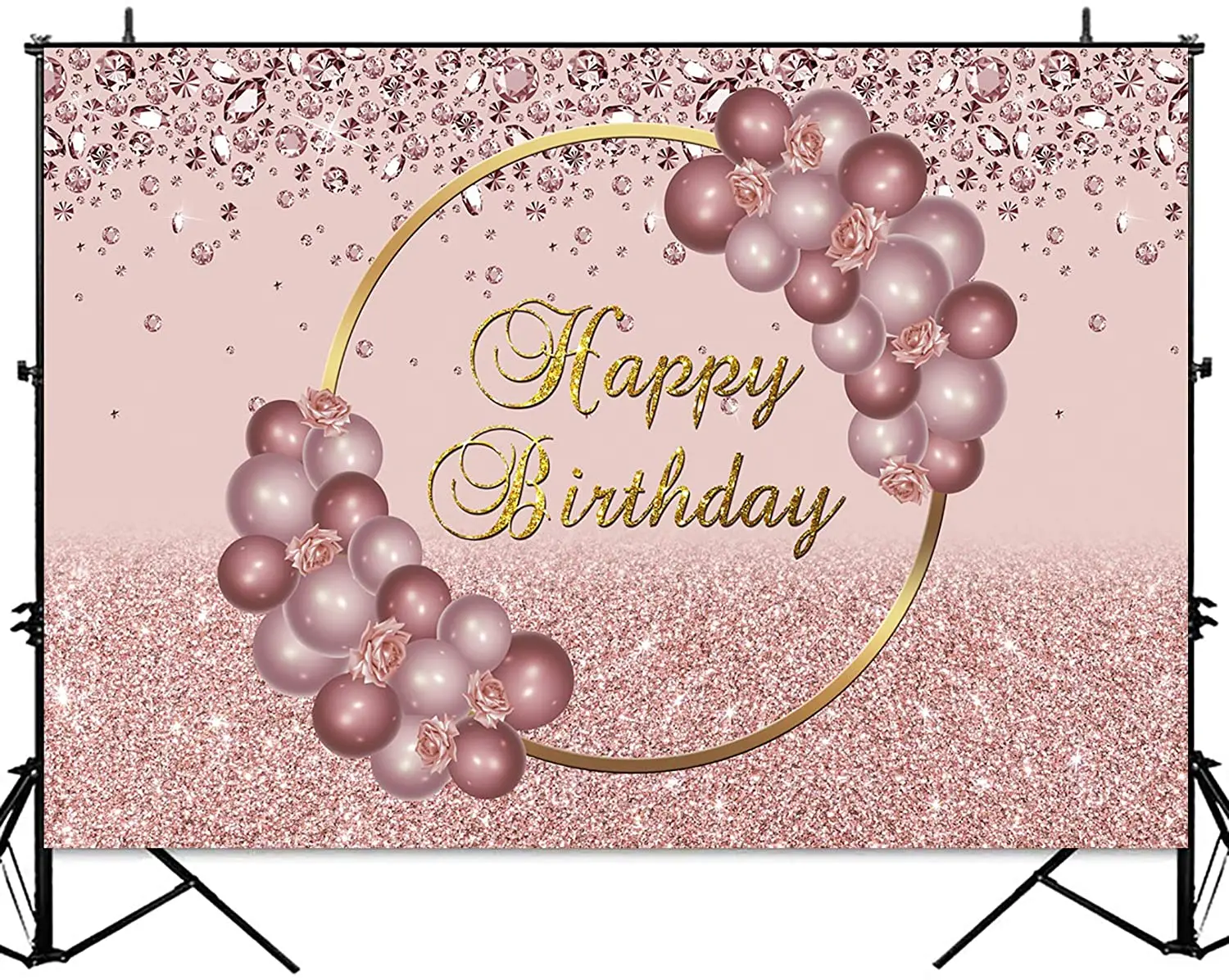

Rose Gold Happy Birthday Backdrop Sweet Pink Balloon Diamond Glitter Girls Birthday Banner Women Birthday Party Photo Backdrops