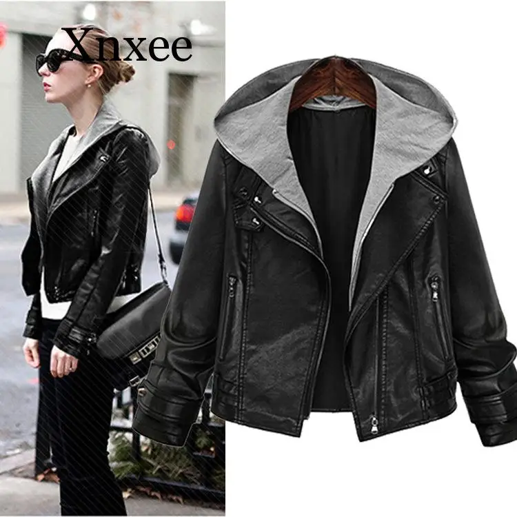 black gray punk elegant Women's pu  Leather Jacket Large Size Female Thin Hooded Long-sleeved Leather Women Short Coat short