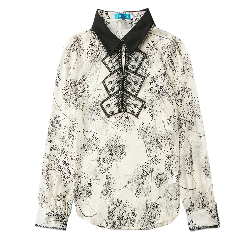 

COIGARSAM Blouse Women Spring 2021 New Print Full Sleeve Chiffon Black White Blusas Womens Tops And Blouses