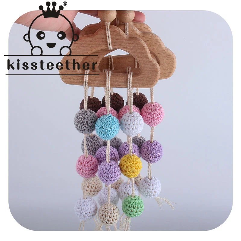 Kissteether 1 Uds beb&eacute; de madera mordedor de BPA libre haya roedor Crochet madera chupete de cuentas colgante campanas chupete cierre juguete para regalo-0