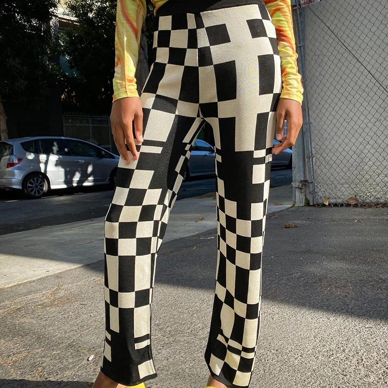 

Y2K Aesthetic Plaid Straight Pants Harajuku Streetwear E-girl Vintage Women Knit Pants High Waist Checked Trousers Summer 2021