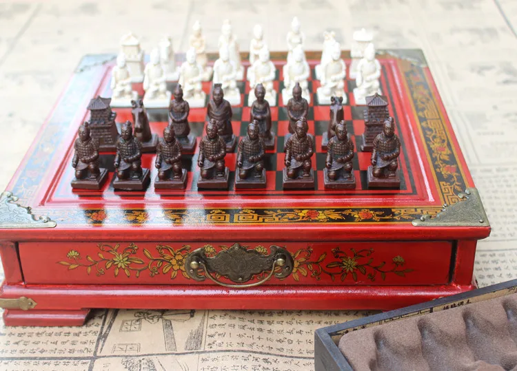 

Figures Design Chess Board Gift Table Mini Table Adult Chess Game Set Luxury Family Guerrero Terracota Wooden Box Sets DL60XQ
