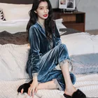 Зимние пижамные комплекты, женские удобные кружевные пижамы с золотым флисом, топы с длинным рукавом и длинные брюки, пижамный комплект, домашний женский костюм