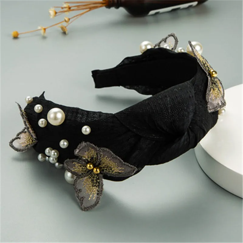 

Headbands For Women Girls Korean Wide Lace Pearl Butterfly Ethnic Hair Bands Accessories Knot Fashion Wholesale Gift Party
