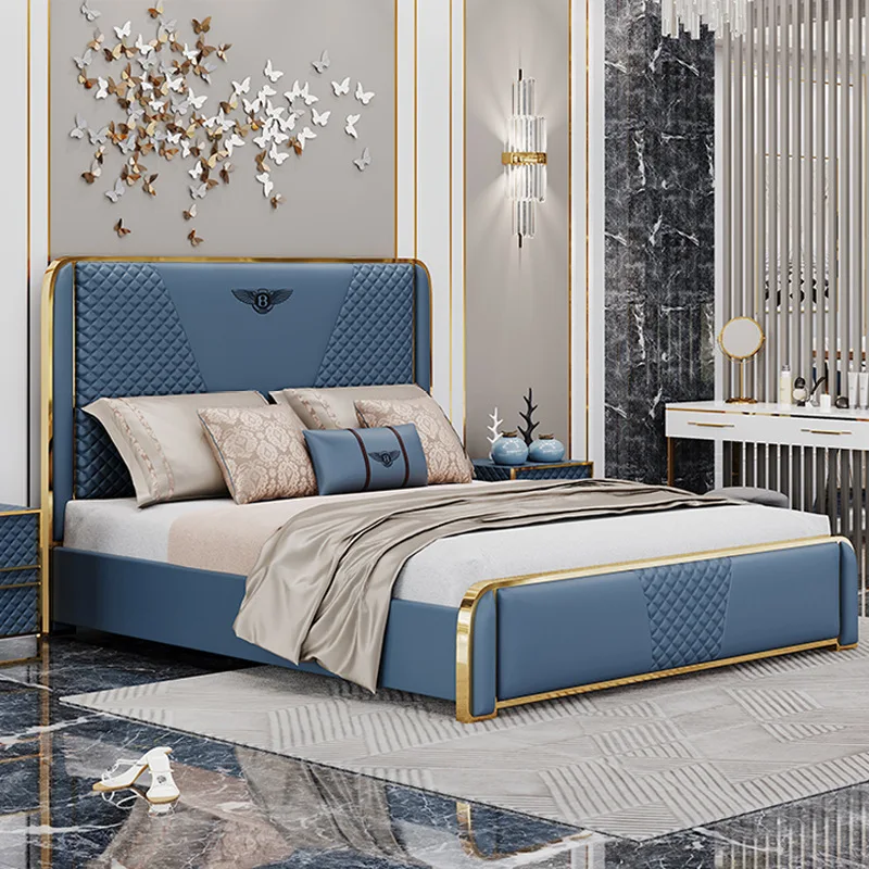 Роскошная кровать кожаная простая постмодерн мягкая европейская спальня