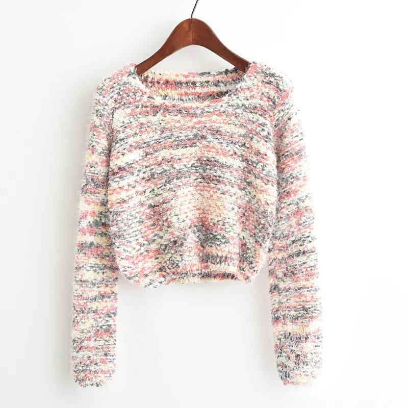 

Ladies Knitted Sweater Long Sleeve Women Stitching Short Casual Sweater Fashion Pullover Ladies Winter Sweater
