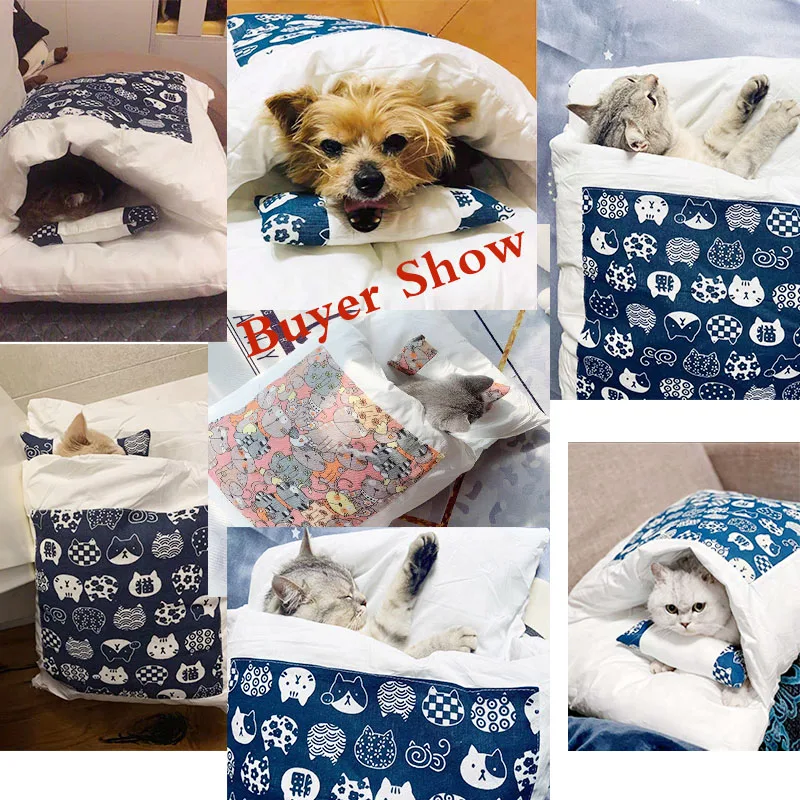 

Japanese Cat Bed Winter Removable Warm Cat Sleeping Bag Deep Sleep Pet Dog Bed House Cats Nest Cushion with pillow