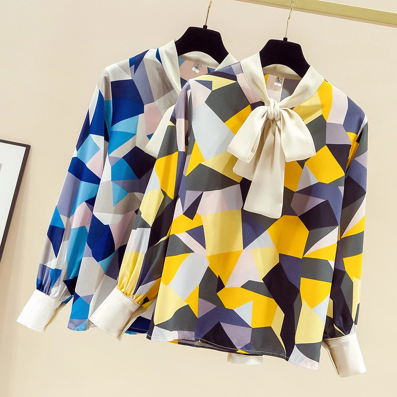 

2022 Women's Spring Autumn Blouse Korean printing bow tie commuter Top New Loose Casual Long Sleeved Female Blouses HH424