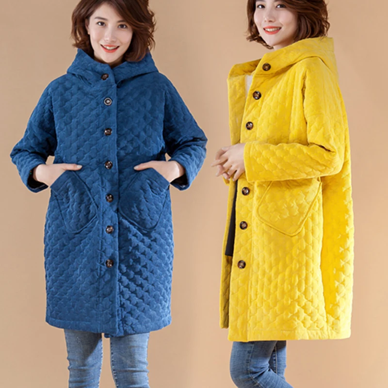 

Autumn Winter Woman Corduroy Hooded Parka Long Sleeve Single-breasted Button Solid Slim Fit Long Coat Thick Warm Coat Plus Size