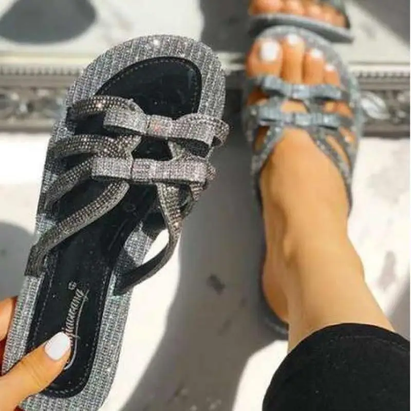 Women's Girl Sandals Crystal 2021 New Open Toe Beach Shoes Lady Rhinestone Bow Shiny Casual Comfort Slippers