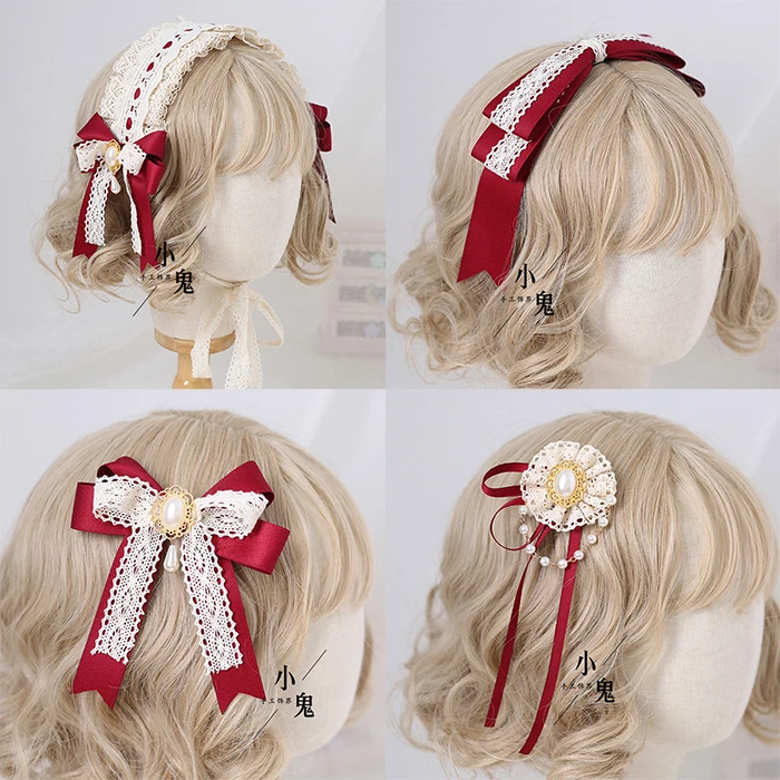 

Wine Red Lolita Lace Bowknot Hair band Side Clip Sweet Headdress Kawaii KC Hair hoop Hair Clip Handwork Hair Ornaments Cosplay