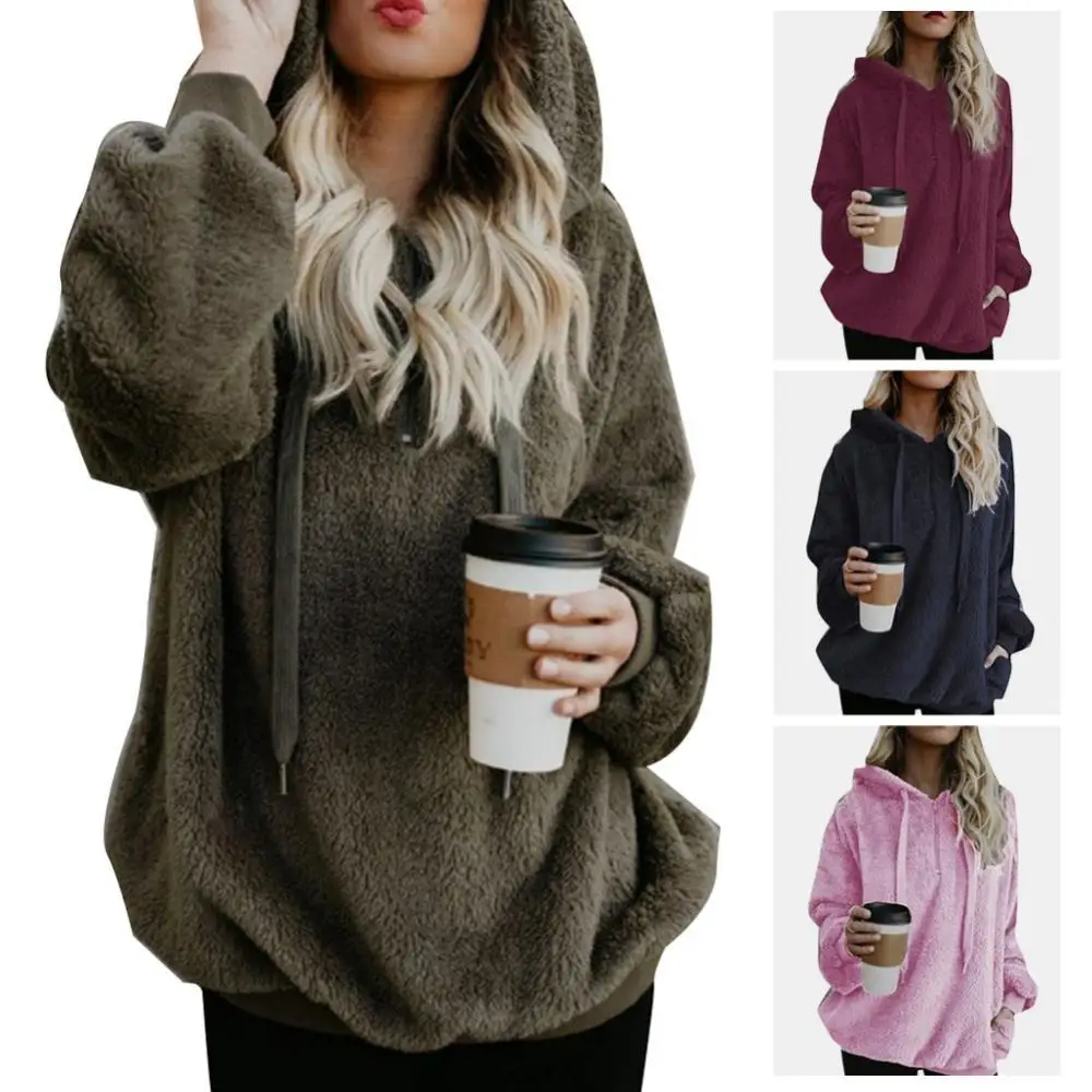 

Plus Size Winter Women Pullover Sweatshirt Solid Color 1/4 Zip Up Fluffy Hoodies Female Hooded Sweatshirt Casual Loose Lady Coat